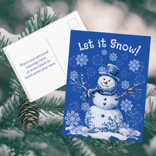 Happy Snowman Snowflakes Blue White Holiday Postkarte
