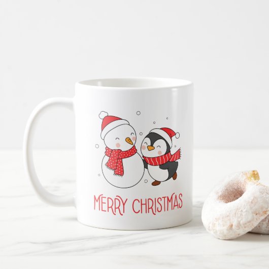 Happy Snowman und Penguin, Weihnachts-Urlaub-Tasse Kaffeetasse (Mit Donut)