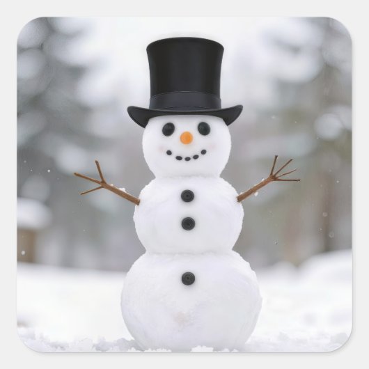 Happy Snowman Wearing a Top Hat Quadratischer Aufkleber (Vorderseite)