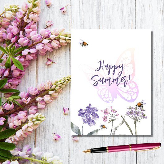 Happy Sommerschmetterling violette Wildblumen pink Postkarte