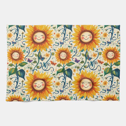 Happy Sonnenblumen: Gefrechtes Sonnenblumenmuster Geschirrtuch (Horizontal)