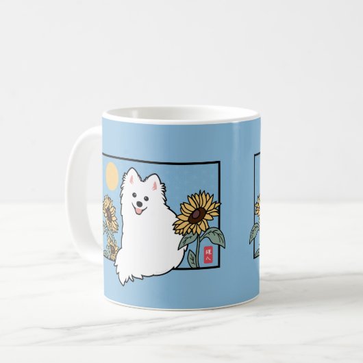 Happy Spitz Hund mit Sommerblumen Kaffeetasse (Vorderseite Links)