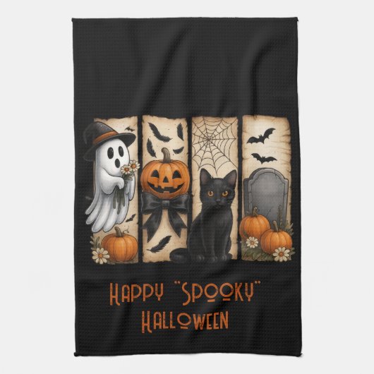 Happy "Spooky" Halloween Ghost Black Cat Geschirrtuch (Vertikal)