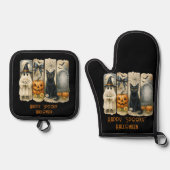 Happy "Spooky" Halloween Pumpkin Ghost Black Cat Ofenhandschuh & Topflappen-Set (Vorderseite)