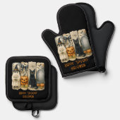 Happy "Spooky" Halloween Pumpkin Ghost Black Cat Ofenhandschuh & Topflappen-Set (Vorderseite/Rückseite)