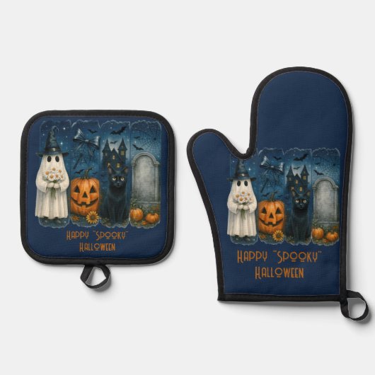 Happy "Spooky" Halloween Pumpkin Ghost Black Cat Ofenhandschuh & Topflappen-Set (Vorderseite)