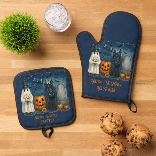 Happy "Spooky" Halloween Pumpkin Ghost Black Cat Ofenhandschuh & Topflappen-Set (Oben Unten)