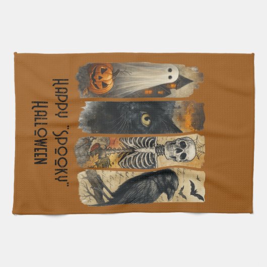 Happy "Spooky" Halloween Pumpkin Skeleton Crow Geschirrtuch (Horizontal)