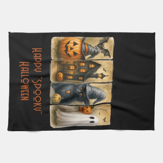 Happy "Spooky" Halloween Pumpkins Black Cat Bats Geschirrtuch (Horizontal)