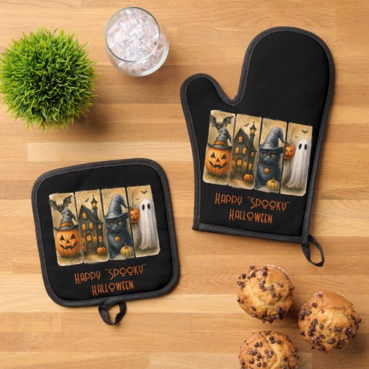 Happy "Spooky" Halloween Pumpkins Black Cat Bats Ofenhandschuh & Topflappen-Set (Oben Unten)