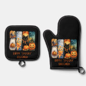 Happy "Spooky" Halloween Pumpkins Black Cat Ghost Ofenhandschuh & Topflappen-Set (Vorderseite)