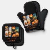 Happy "Spooky" Halloween Pumpkins Black Cat Ghost Ofenhandschuh & Topflappen-Set (Vorderseite/Rückseite)