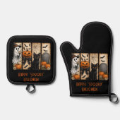 Happy "Spooky" Halloween Pumpkins Black Cat Ghost Ofenhandschuh & Topflappen-Set (Vorderseite)