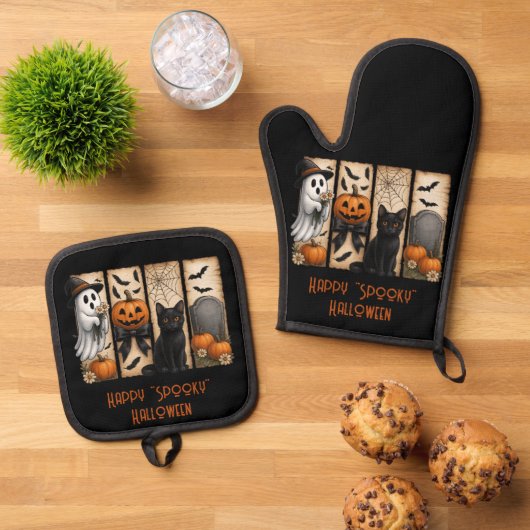 Happy "Spooky" Halloween Pumpkins Black Cat Ghost Ofenhandschuh & Topflappen-Set (Oben Unten)