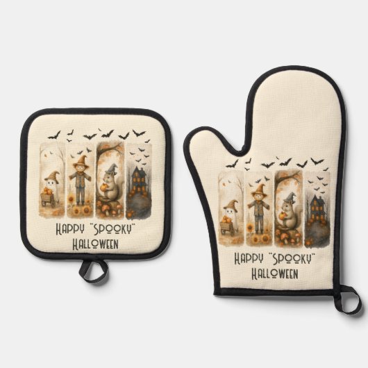 Happy "Spooky" Halloween Pumpkins Scarecrow Ghost Ofenhandschuh & Topflappen-Set (Vorderseite)