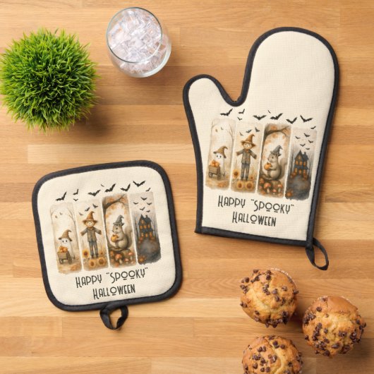 Happy "Spooky" Halloween Pumpkins Scarecrow Ghost Ofenhandschuh & Topflappen-Set (Oben Unten)