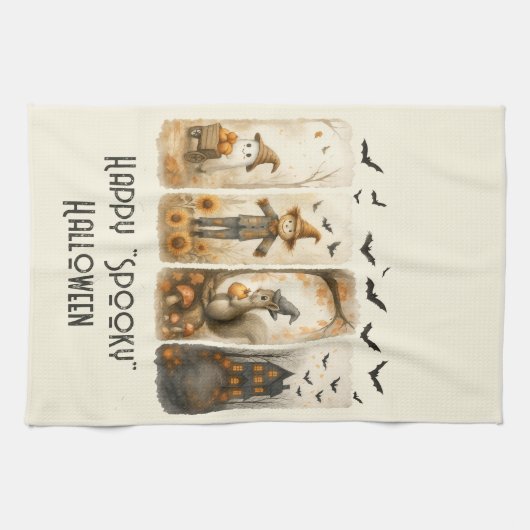 Happy "Spooky" Halloween Scarecrow Eichhörnchen Ho Geschirrtuch (Horizontal)
