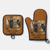 Happy "Spooky" Halloween Skeleton Ghost Crow Ofenhandschuh & Topflappen-Set (Vorderseite)