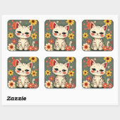Happy Spotted Kitty with Flowers Quadratischer Aufkleber (Blatt)