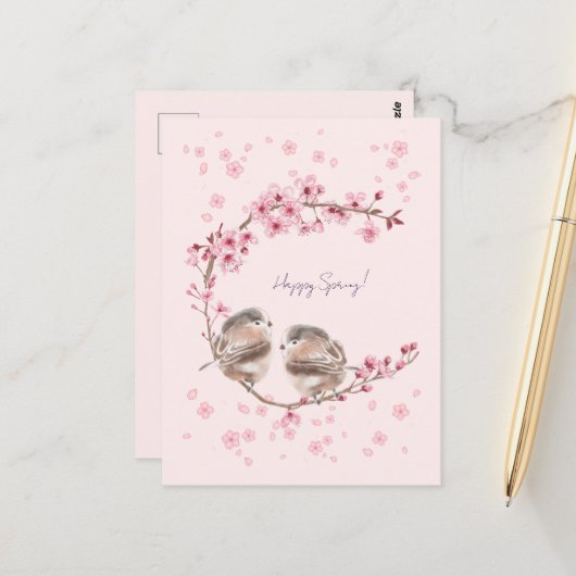 Happy Spring! 桜とかわいいすずめの春のあいさつ♡ Postkarte (Vorderseite/Rückseite Beispiel)