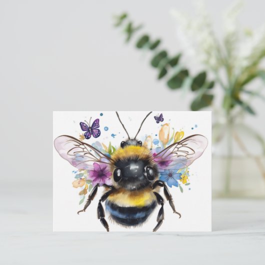 Happy Spring Bumble Bee and Butterflies Postkarte (Stehend Vorderseite)