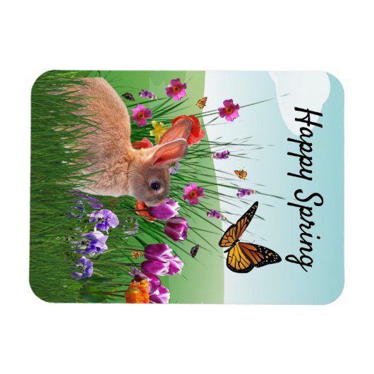 Happy Spring Bunny Rabbit im Blumengarten Magnet (Horizontal)
