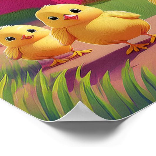 Happy Spring Chicks in Barnyard Poster (Ecke)