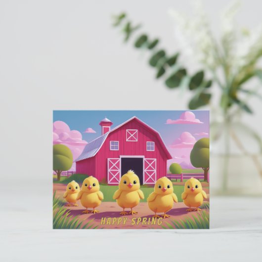 Happy Spring Chicks in Barnyard Postkarte (Stehend Vorderseite)