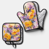 Happy Spring Colorful Painted Blume Ofenhandschuh & Topflappen-Set (Vorderseite/Rückseite)