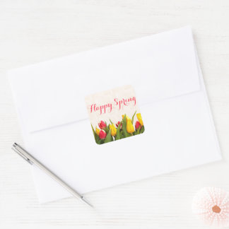 Happy Spring Colorful Tulips Quadratischer Aufkleber