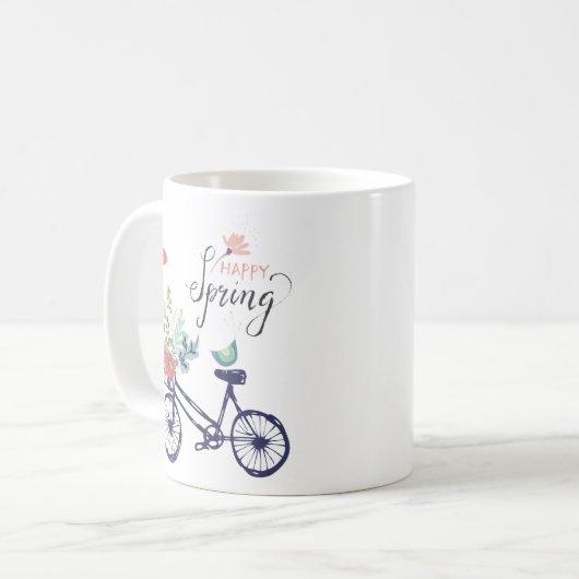 Happy Spring Design: Fahrrad, Blume und Vögel Kaffeetasse (Vorderseite Links)