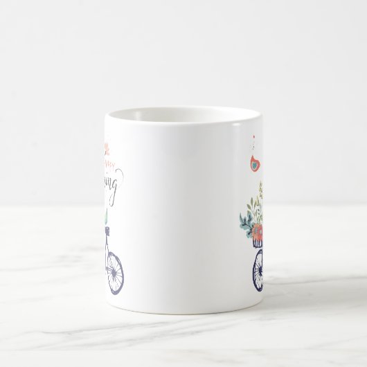 Happy Spring Design: Fahrrad, Blume und Vögel Kaffeetasse (Mittel)