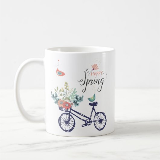 Happy Spring Design: Fahrrad, Blume und Vögel Kaffeetasse (Links)