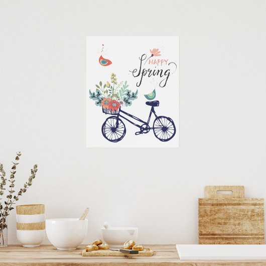 Happy Spring Design: Fahrrad, Blume und Vögel Poster (Küche)