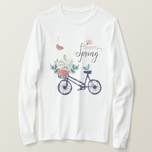 Happy Spring Design: Fahrrad, Blume und Vögel T-Shirt (Design vorne)