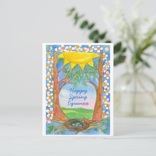 Happy Spring Equinox Sunshine Bird Trees Nature Postkarte (Stehend Vorderseite)