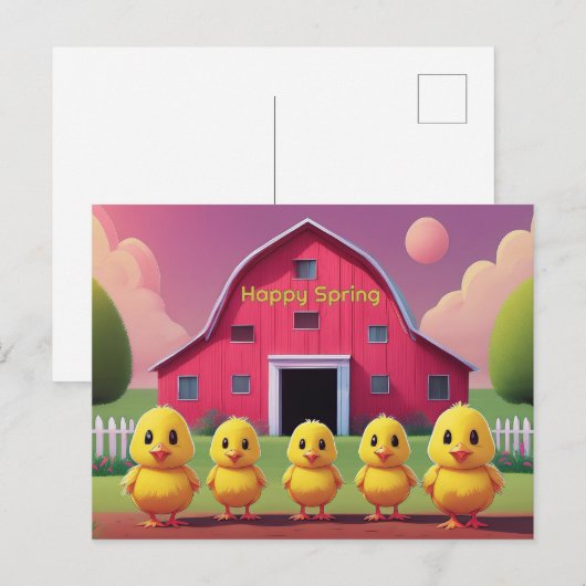 Happy Spring Five Yellow Chicks in Barnyard Postkarte (Vorne/Hinten)
