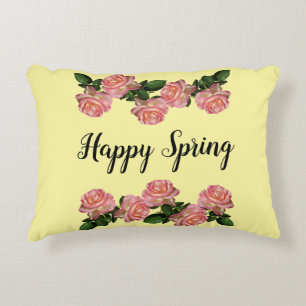 Happy Spring Pink Roses Yellow Vintag Dekokissen