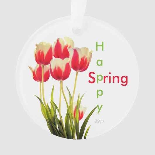 Happy Spring Red Tulips mit Date Keepake Ornament (Vorderseite)