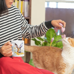 Happy Spring Watercolor Rabbit Yellow Flowers Tass Kaffeetasse