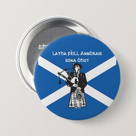 Happy St Andrews Day Flag Bagpiper large Button (Vorne & Hinten)