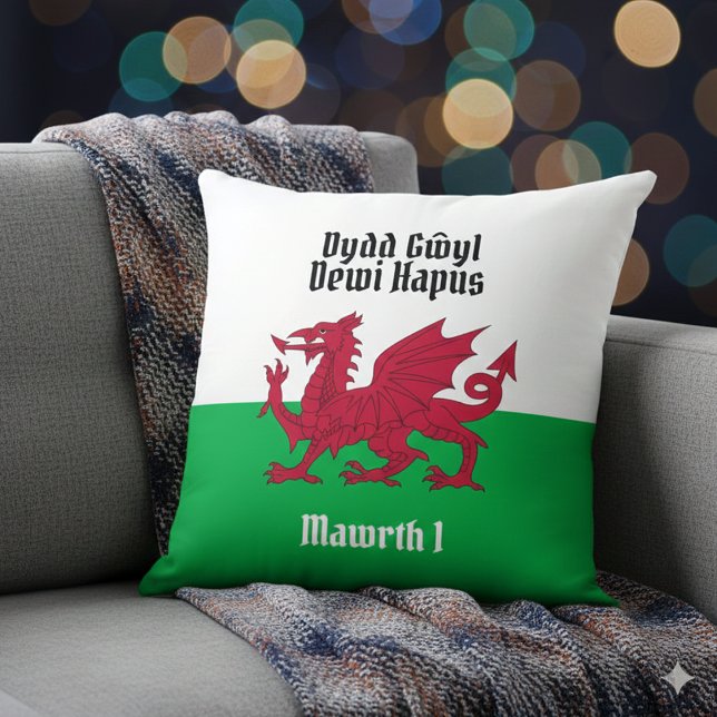 Happy St. David's Day Red Dragon Welsh Flag Kissen (Happy St. David's Day Welsh Flag Throw Pillow Cover Photo)