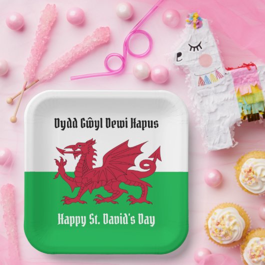 Happy St. David's Day Red Dragon Welsh Flag Pappteller (Party)