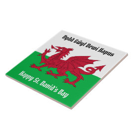Happy St. David's Day Red Dragon Welsh Flag Square Fliese
