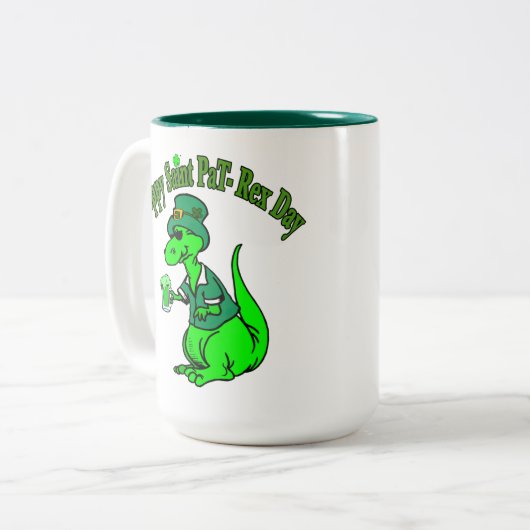 Happy St Pat T-Rex Saint Patrick's Day Dinosaur Zweifarbige Tasse (Vorderseite Links)