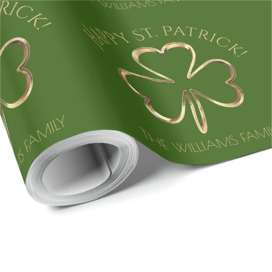 Happy St. Patrick Green und Gold Clover Kleeblatt Geschenkpapier (Rolleneckpunkt)