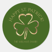 Happy St. Patrick Green und Gold Kleeblatt Clover Runder Aufkleber (Vorderseite)