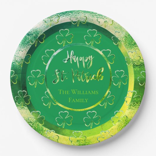 Happy St. Patrick Kleeblatt Green Clovers Irish Pappteller (Vorderseite)
