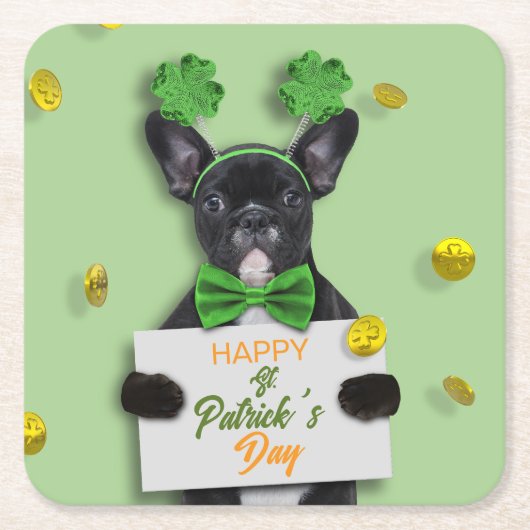 Happy St. Patrick’s Day Clover Cute French Bulldog Rechteckiger Pappuntersetzer (Vorderseite)