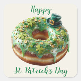Happy St. Patrick’s Day Donut with Leprechaun Hat Quadratischer Aufkleber